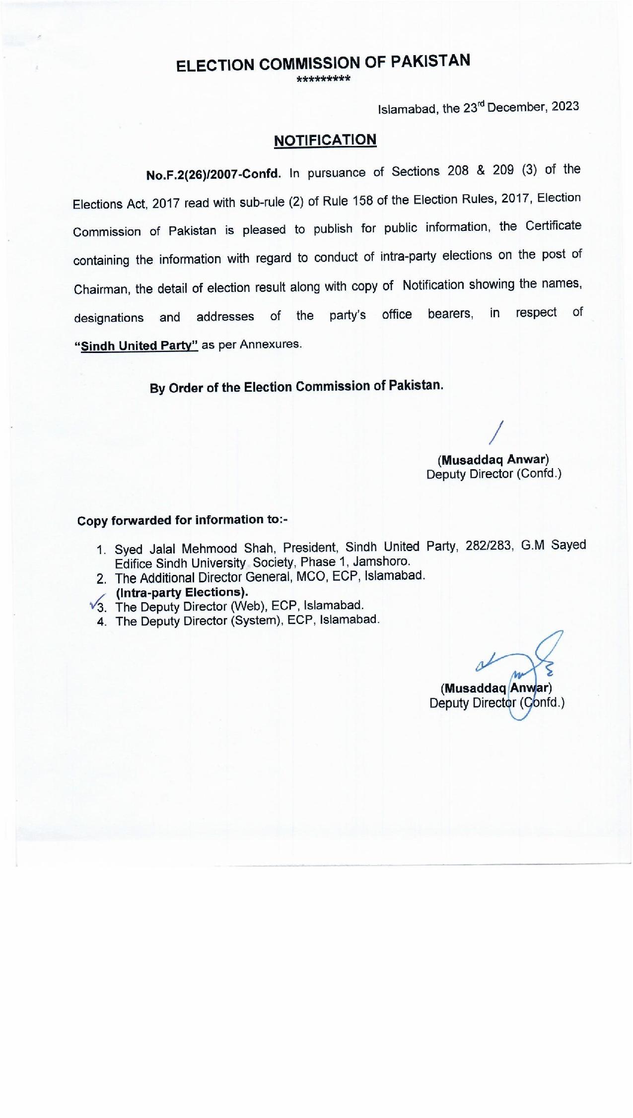 Notification Intra-Party Elections of "Sindh United Party"